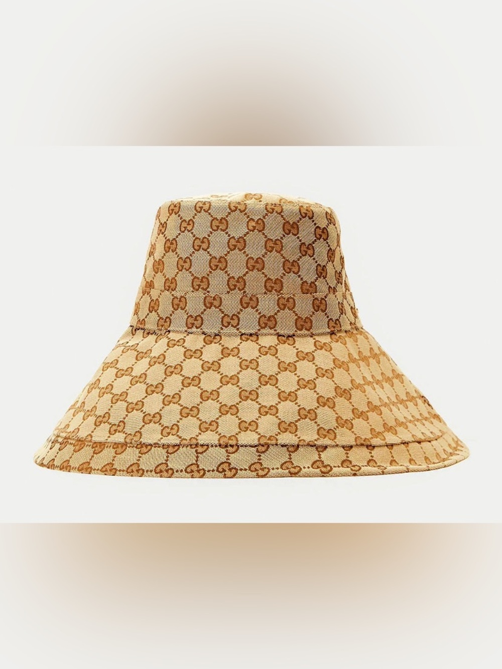 Beige Monogram Bucket Hat w Wide Brim Large Jacquard Canvas Beach Sun Coverage - Picture 3 of 13